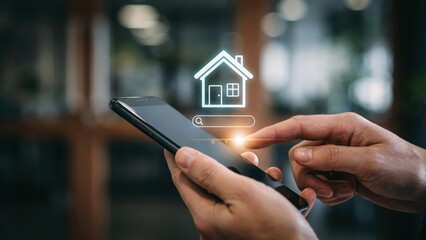 Naklejka premium Person using a smartphone to search for real estate online with a house icon. Use this for digital property hunting and mortgage technology concepts.