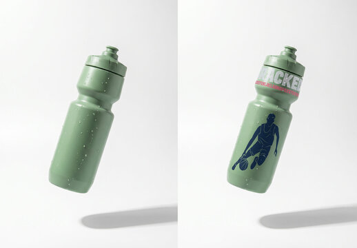 Mockup of A green water bottle is visible in mid-air. Water droplets are on the surface. The background is simple and white, focusing on the bottle.