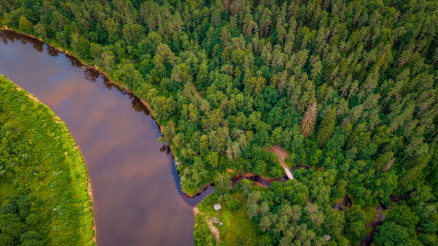 aerial view of the wide Gauja River waterway passing through vibrant green forest foliage near Sigulda, Latvia