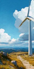 Fototapeta premium A single wind turbine standing tall on a scenic mountain landscape generating emission free power.
