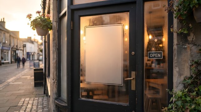 Blank Frosted Glass Window Decal Mockup on Cafe Entrance Door