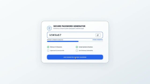 Modern UI Animation of Secure Password Generator with Password Strength Analysis and Security Rules Checklists on Clean Light Background