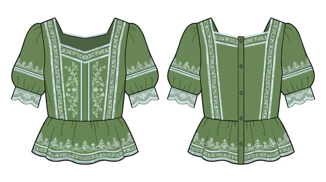 Women Green Puff Sleeve Peplum Blouse with White Floral Lace Embroidery Fashion Technical Sketch Front Back View