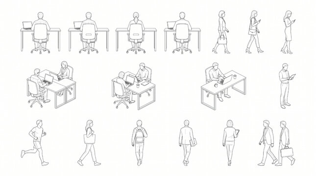 CAD Office People Vector Scale Figures with Desks. Isometric and Elevation Outline Corporate Characters Pack.