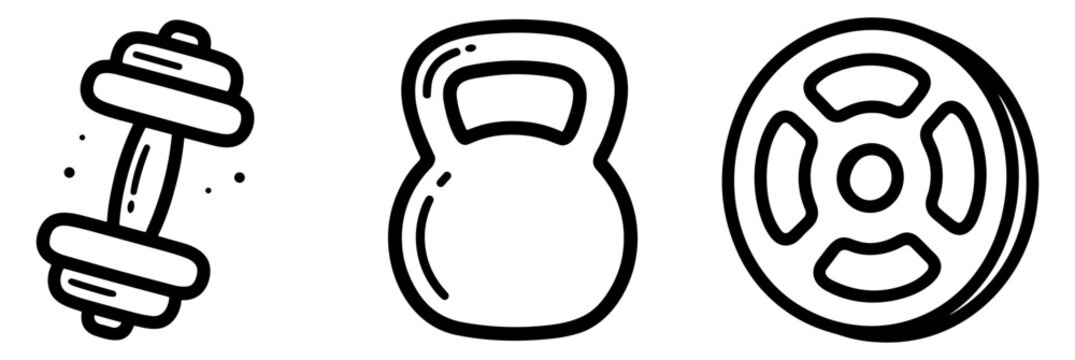fitness gym equipment dumbbell kettlebell and weight plate line icons on transparent background