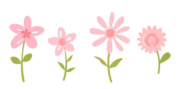 Cute pink flower collection featuring hand drawn blossoms with green stems and leaves in simple flat vector style for stickers, nursery decor, fabric prints, greeting cards and spring designs.
