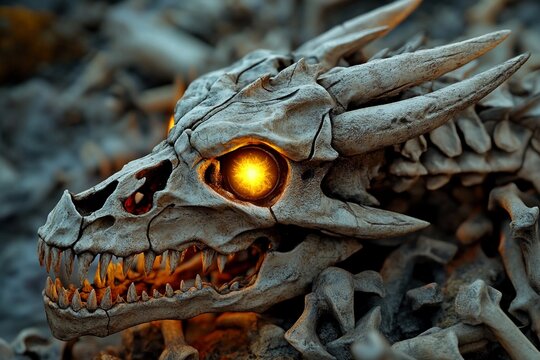 Skeletal dragon skull with glowing eyes resting on rocky landscape at dusk