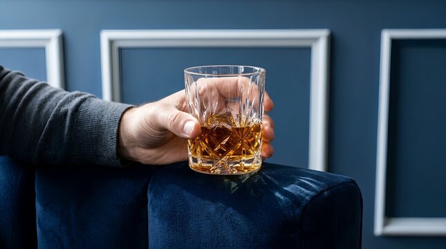 Man hand holding crystal glass of whiskey on blue velvet sofa upscale bar lounge interior