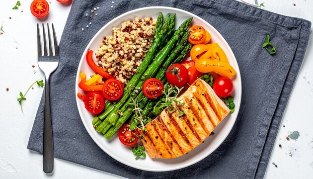 Healthy grilled salmon fillet with asparagus and quinoa on a plate