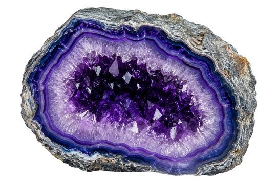Purple amethyst geode crystal isolated on transparent background