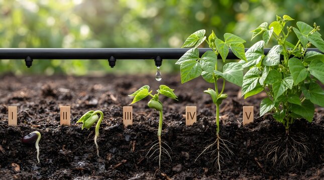 Plant Life Cycle from Seed to Leaf with Drip Irrigation on Rich Dark Soil