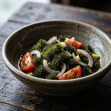 Fresh sea grape salad with tomatoes and red onion served in a rustic ceramic bowl, highlighting vibrant tropical coastal cuisine.