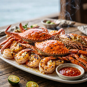 Grilled crab and shrimp seafood platter served steaming hot with chili dipping sauce and fresh citrus on a rustic wooden table.