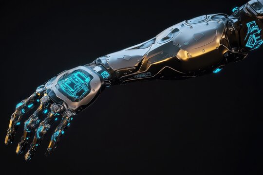 Advanced titanium bionic prosthetic arm with glowing blue circuits close up