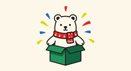 Naklejka premium Cute cartoon polar bear popping out of a green gift box.