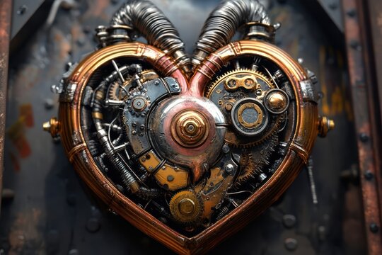 Steampunk mechanical heart masterpiece with intricate clockwork gears and pipes