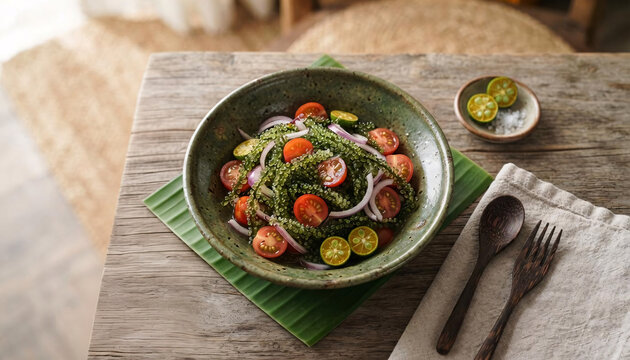 Fresh sea grape salad with cherry tomatoes, red onion and citrus in a handcrafted ceramic bowl on banana leaf and rustic wooden table.