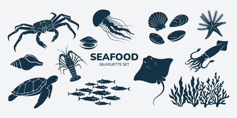 Fototapeta premium Seafood silhouette set. Collection of marine animals, fish, shellfish, crab, lobster, jellyfish, turtle and seaweed icons. Ocean life elements for menu design, restaurant decor and vector illustration