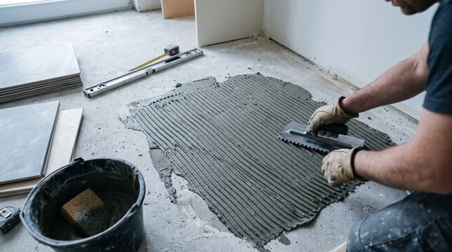 Kitchen floor adhesive, tiler spreading mortar on concrete subfloor, notched trowel preparation, clean remodeling workspace with copy space