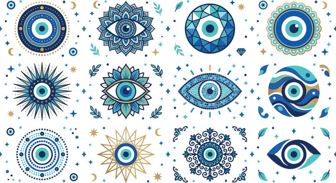 Nazar talisman vector set with intricate bohemian style spiritual charms magical third eye designs and esoteric decorative background elements