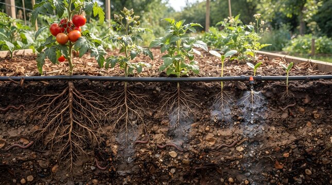 Plant Life Cycle from Seed to Leaf with Drip Irrigation Pipe in Underground Soil Cross Sectio