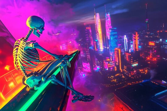 Skeleton sitting on neon city wall, gazing at colorful skyline during night