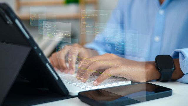 Programmer Hands Typing Code Software Developer Working on Tablet