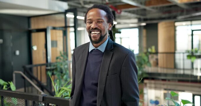Face, business and black man in office with smile, career pride and real estate agent for about us. Portrait, male realtor or laugh at agency with job ambition, positive attitude and property auction