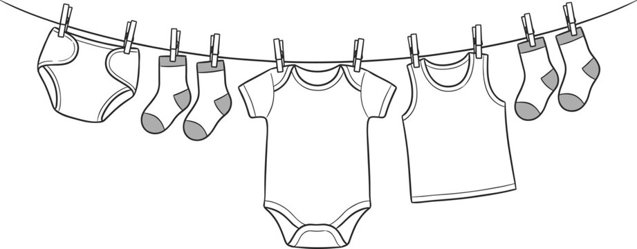 Outline vector illustration of newborn baby clothes hanging on a laundry line with clothespins
