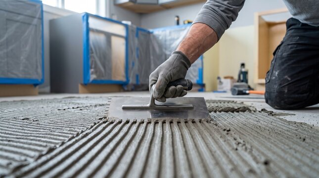 Kitchen mortar spreading, worker using notched trowel near protected cabinets, flooring preparation detail for residential renovation service