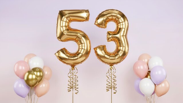 Golden number 53 foil balloons for birthday celebration. Fifty-third anniversary party decor with pastel balloons. Festive 53rd event background.