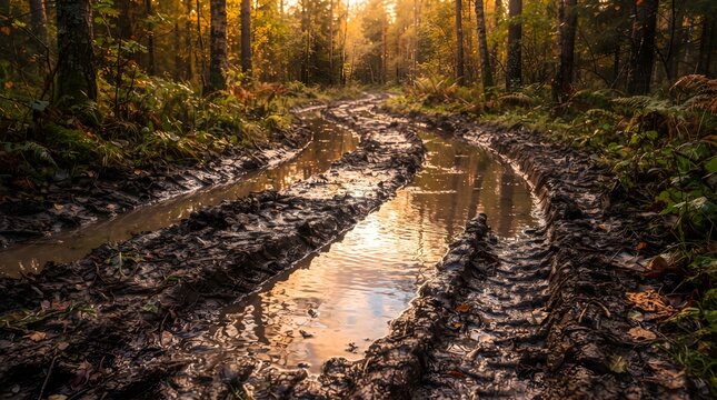 Rainwater Reflecting Sky in Muddy Tire Track Grooves on Forest Logging Trail