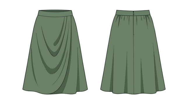 Women's High Waisted Midi Skirt with Front Draped Detail and Back Pleats in Olive Green Fashion Technical Illustration