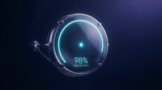Futuristic performance gauge showing 98 percent, glowing digital interface on dark background, high tech data visualization dashboard AI, Technology, AGI