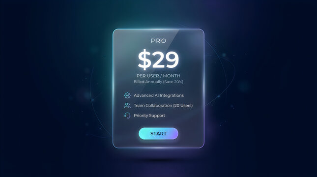 Glassmorphism pricing table UI, futuristic pro subscription plan card, digital software billing interface with neon glow AI, Technology, AGI