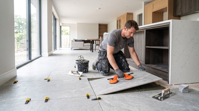 Large format kitchen tile, tiler using suction lifter near island, open plan porcelain floor installation, premium remodeling scene with copy space