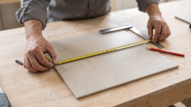 Kitchen tile measuring, contractor using tape measure before cutting, organized workbench preparation for accurate remodeling installation