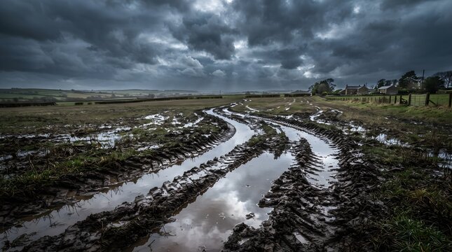 Rainwater Reflecting Sky in Muddy Tire Track Grooves Across Rural Farm Field After Storm
