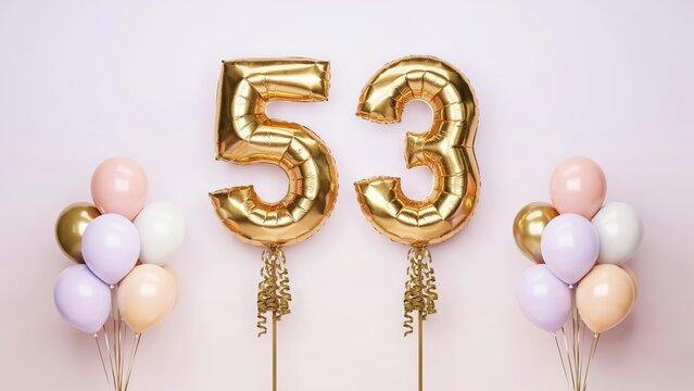 Gold number 53 foil balloons for 53rd birthday celebration, festive party balloons on pink background, fifty-three anniversary decor