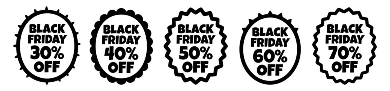 black friday discount labels with different percentage offers vector illustration on transparent background