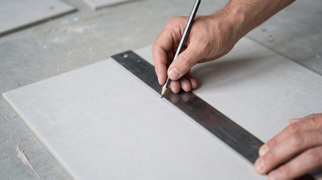 Kitchen tile cut line marking, worker using pencil and straight edge on porcelain tile, clean close detail for precise renovation prep