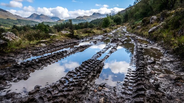Rainwater Reflecting Sky in Muddy Tire Track Grooves on Off Road Adventure Trail
