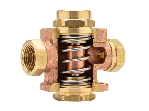 Brass check valve cross section featuring internal metal spring and copper pipe fitting for industrial plumbing engineering isolated on black background for mechanical control design concepts