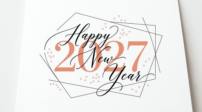 Elegant happy new year 2027 greeting card design with geometric frame and stylish calligraphy on white background