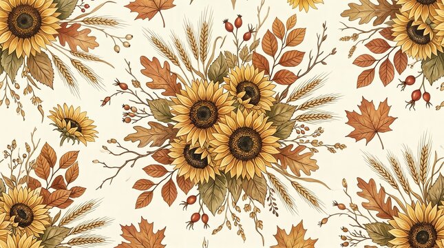 Seamless pattern with watercolor sunflowers and autumn leaves on a light background for fall seasonal design