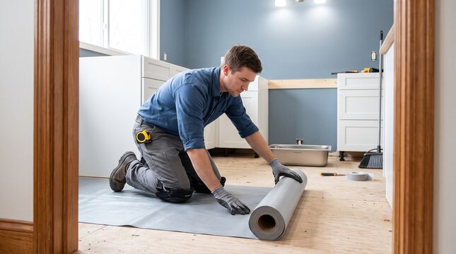 Kitchen underlayment installation, installer rolling moisture barrier before tile, sink area floor preparation, clean remodeling construction scene