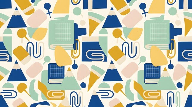 Abstract seamless pattern with school supplies and stationery elements in a modern flat design style