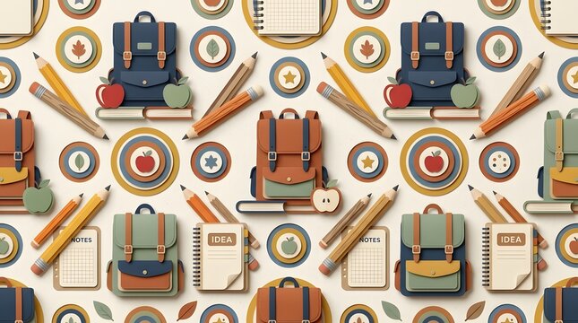 Seamless pattern with school supplies backpacks pencils and notebooks for back to school education background design