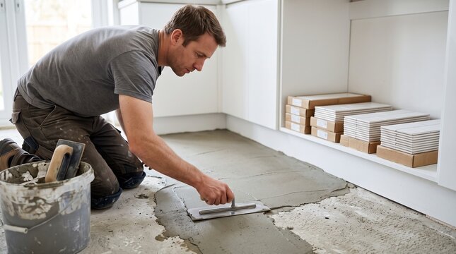 Kitchen adhesive smoothing, tiler evening mortar layer before floor tile installation, remodel room with tile stacks and clean copy space