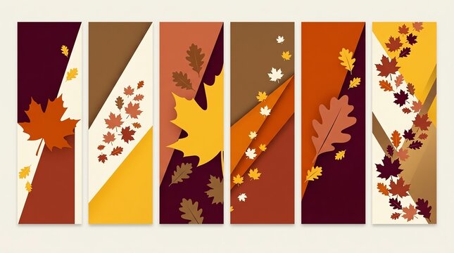 Set of six vertical autumn banners with colorful falling leaves and abstract geometric shapes for seasonal design